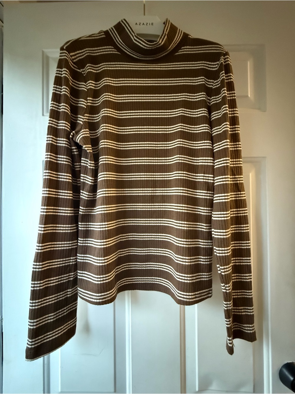 Maeve Anthropologie Ribbed Puff Sleeve Turtleneck Striped Top Brown Women's L